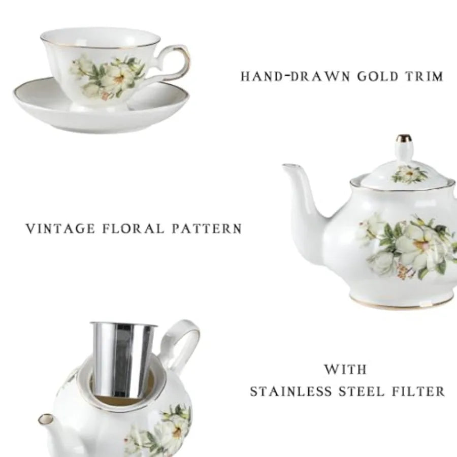 Gold Rim Floral Tea Set (22Pc)
