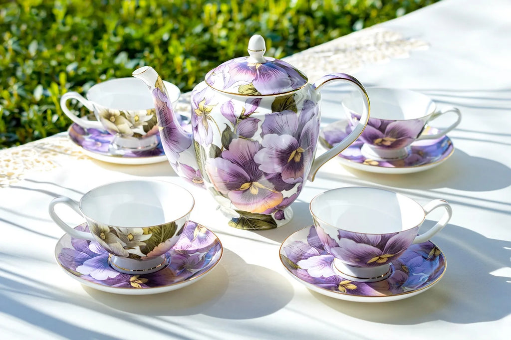 Purple Bone China Tea Set (9Pc)