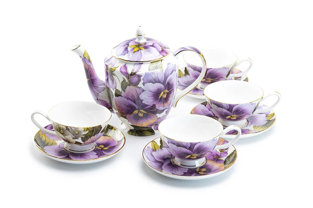 Purple Bone China Tea Set (9Pc)