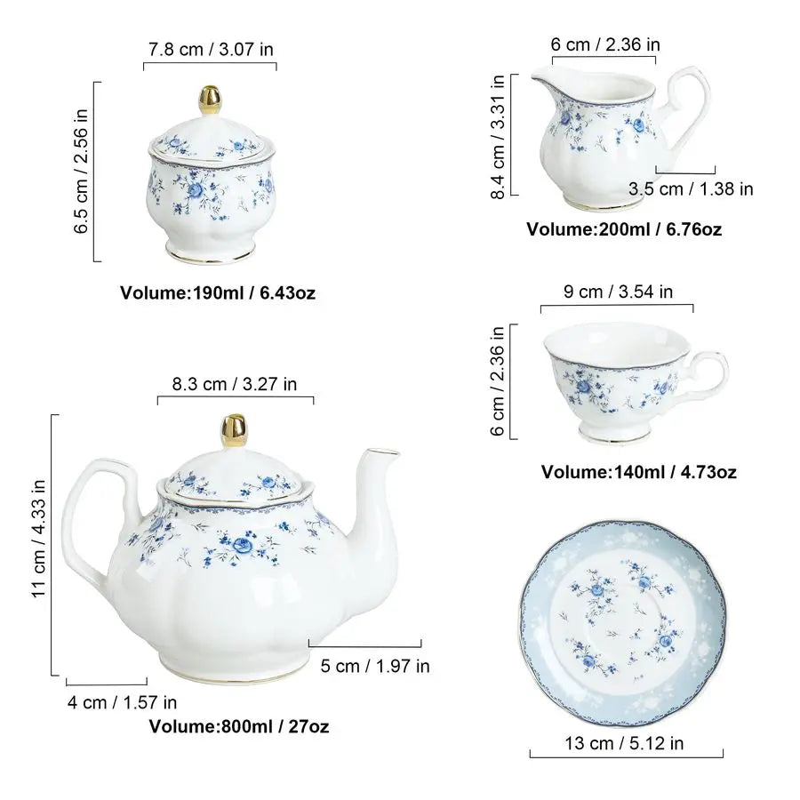 Blue Rose Porcelain Tea Set (15Pc)